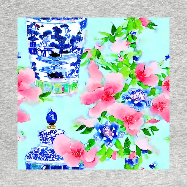 Peonies and chinoiserie jars on blue by SophieClimaArt